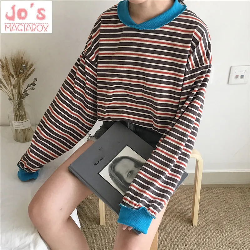 

2019 Chic Harajuku Style Women Striped Long Sleeve Hoodies Ulzzang Oversized Pullovers Ladies Casual Loose O-Neck Sweatshirt