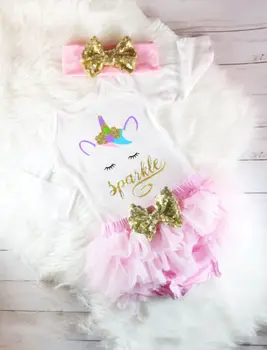 

2018 3Pcs Newborn Baby Girl Cartoon Unicorn Long Sleeve Cotton Bodysuit Tops Bowknot Mesh Tutu PP Pants Fashion Outfits Clothes