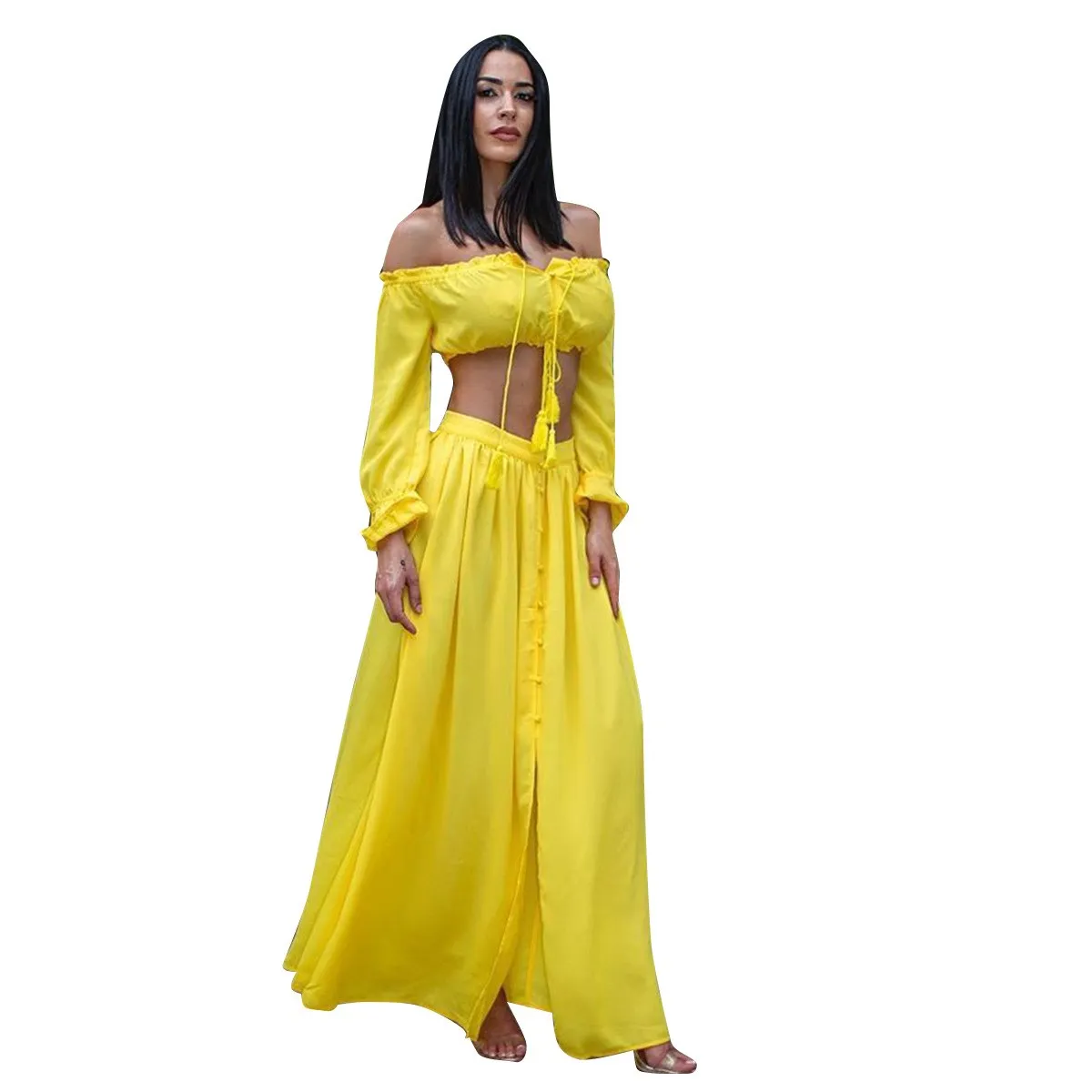 Summer 2 Piece Dress Set Women Long Sleeve Strapless Crop Top and Long