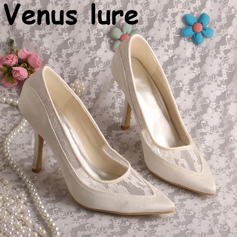 Simple Design Pointed Toe Cream Bridal Shoes High Heel Size 9 Handmade