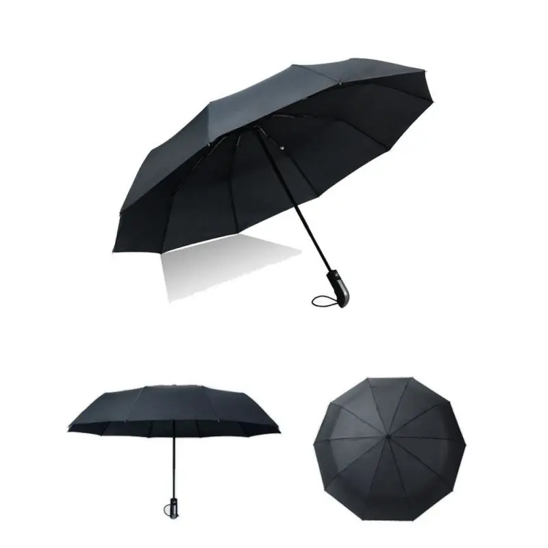 

Best Sales Fully Automatic Three Folding Commercial Compact Large Strong Frames Wind 10 Ribs Black Soft Umbrella TY