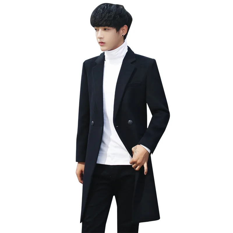 Свободное мужское шерстяное пальто в Корейском стиле с отложным воротником, однотонная зимняя куртка, однобортное кашемировое пальто