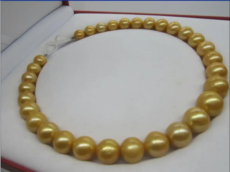 

HUGE 18" AAA 13-12 MM natural golden SOUTH SEA PEARL NECKLACE gold Clasp>>> women jewerly Free shipping