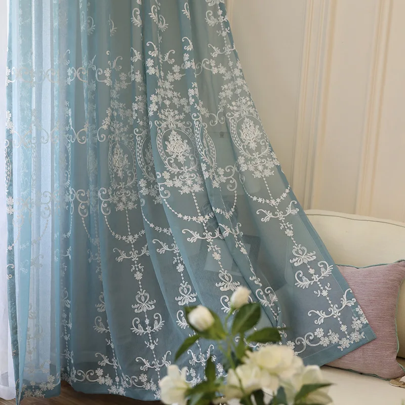 

Yvonicky Summer Curtain Lace Curtain Tulle Door Window Drape Panel Sheer Scarf Embroidered Blue Tulle Curtains Bedroom Cortinas