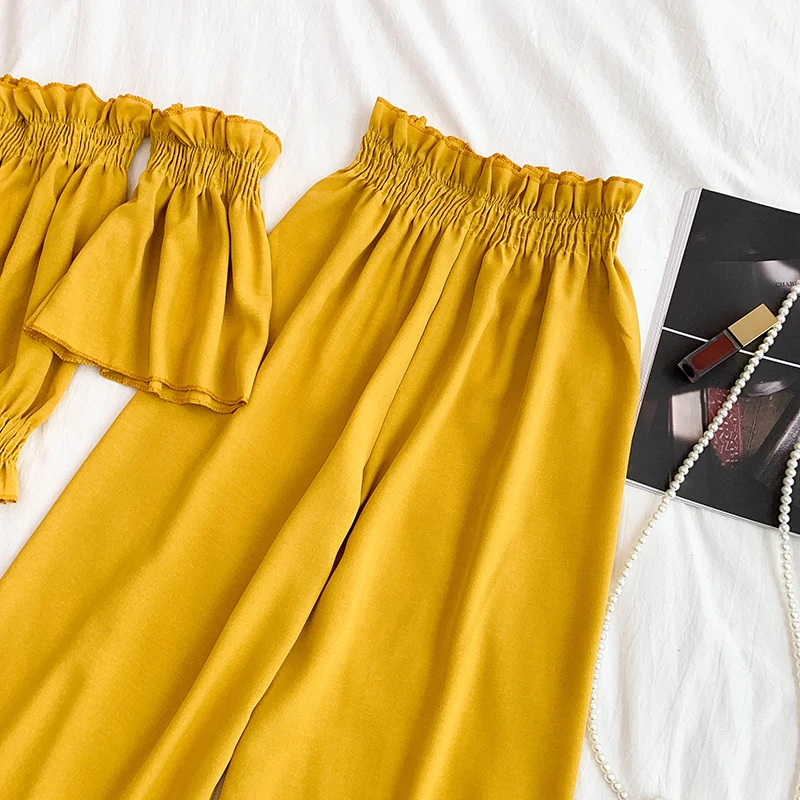 Лето, подиумный винтажный красный, желтый, черный комплект из двух предметов, элегантный пуловер с оборками и вырезом лодочкой, шикарные топы+ штаны, комплект из двух предметов