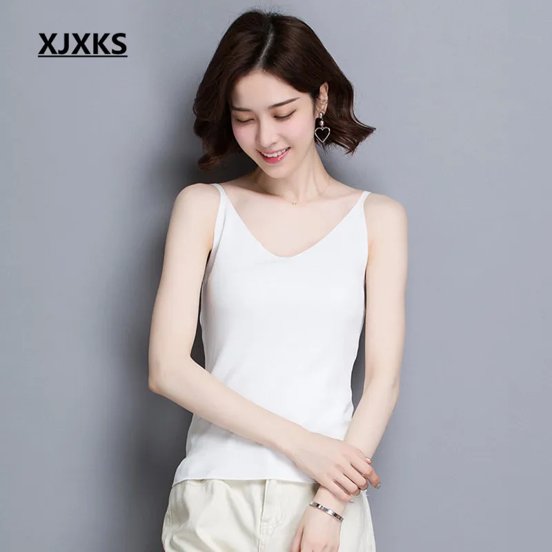 

XJXKS 2019 summer new women's bottoming vest comfortable thin knitted high elastic slim fashion V-neck women's sleeveless top