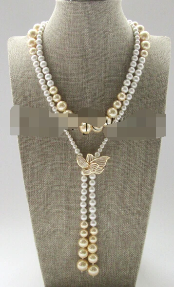 

NEW N489 48" 4-14mm perfect round white& gold south sea shell pearl necklace - butterfly