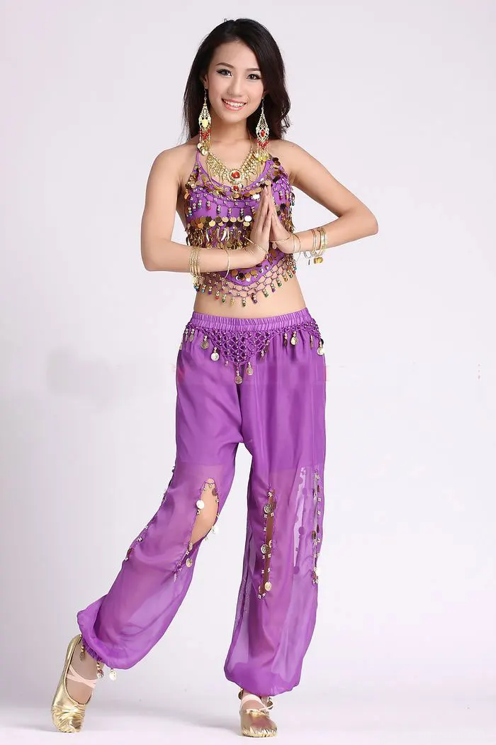2 шт набор монета Египетский танец живота костюм индийский триба брюки Цыганский костюм танца живота платье женский танец живота костюм набор - Цвет: Фиолетовый