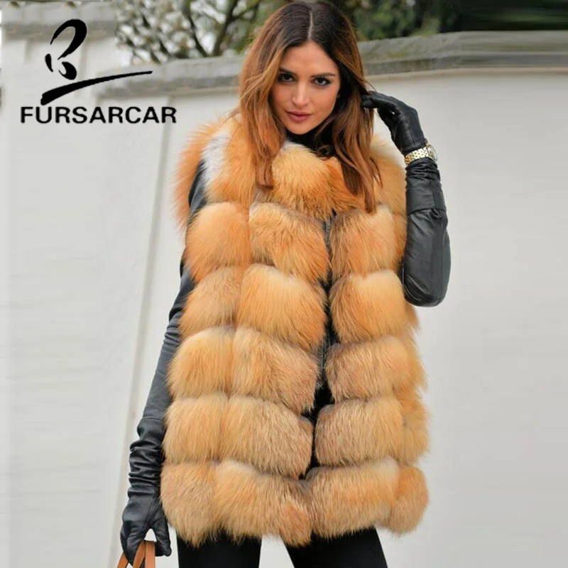 

FURSARCAR Women Real Natural Red Fox Fur Winter Long Vest Womens Autumn Genuine Fox Fur Sleeveless Jacket For Female Winter Coat