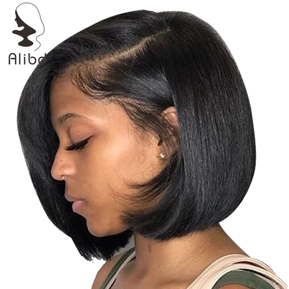 Alibd Short Lace Front Human Hair Wig Brazilian Straight Glueless Bob Wig Natural Color Remy Hair Lace Bob Wig With Baby Hair