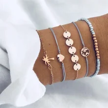 5 adet/takım moda kalp harita Charm bilezik seti kadınlar için Bohemian pullu boncuk halat zincir bilezik bilezik parti takı