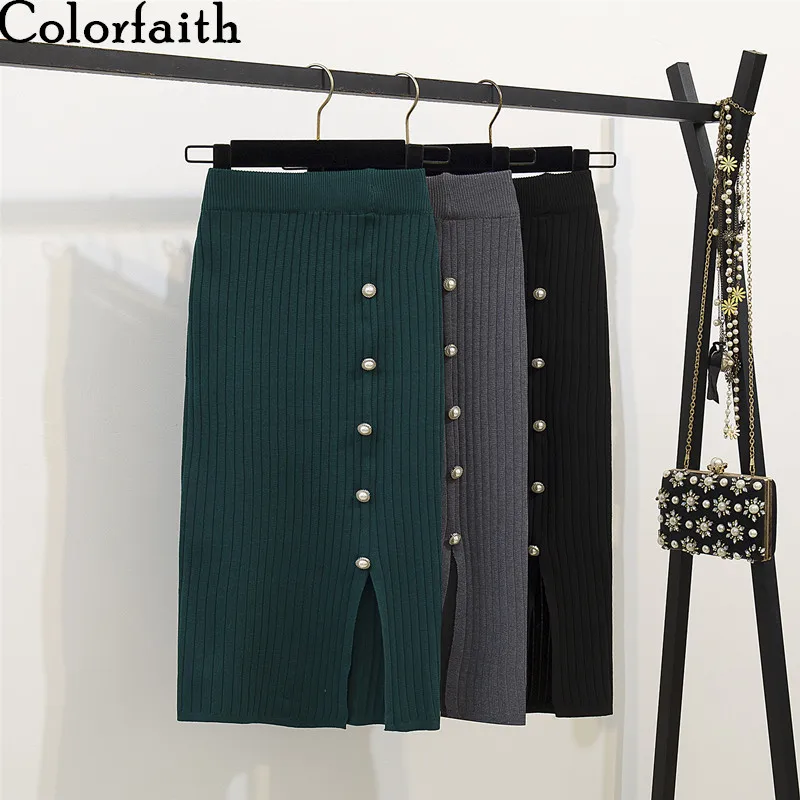 

Colorfaith 2019 Fashionable Women Skirt Autumn Winter Package Hip Split knee Length Pencil Skirt Knitting Elegant Casual SK593