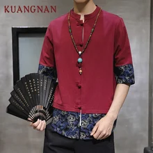 KUANGNAN хлопковая льняная рубашка Harajuku Мужская Уличная Мужская гавайская рубашка модная блузка Мужская рубашка одежда с коротким рукавом 5XL