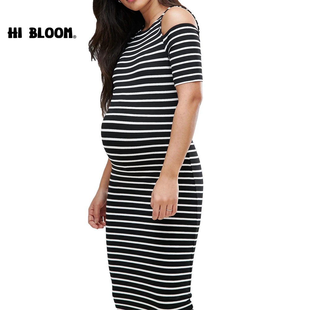 HI BLOOM Summer Striped Maternity Dresses For Pregnant Women Elegant Soft Tencel Short Sleeve