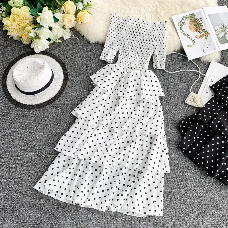 

2019 new fashion women's dresses slash neck strapless off-shoulder ruffled ruffled retro polka dot dress