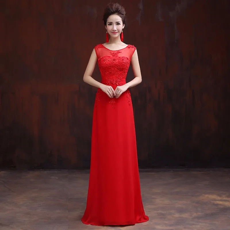 Chiffon Pearls Embroidery Sleeveless Women Formal Gowns Wedding Party Dresses Elegant Long Red A-Line Bridesmaid Dresses 17