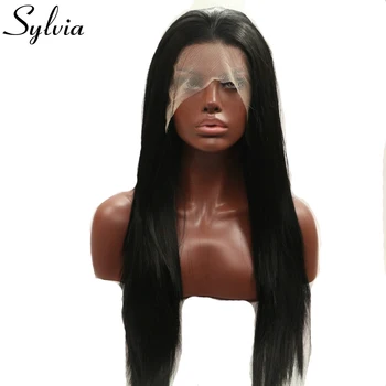 

Sylvia Natural Black Long Silky Straight Synthetic Lace Front Wigs 1b# 180% Density Heat Resistant Fiber for Black Woman