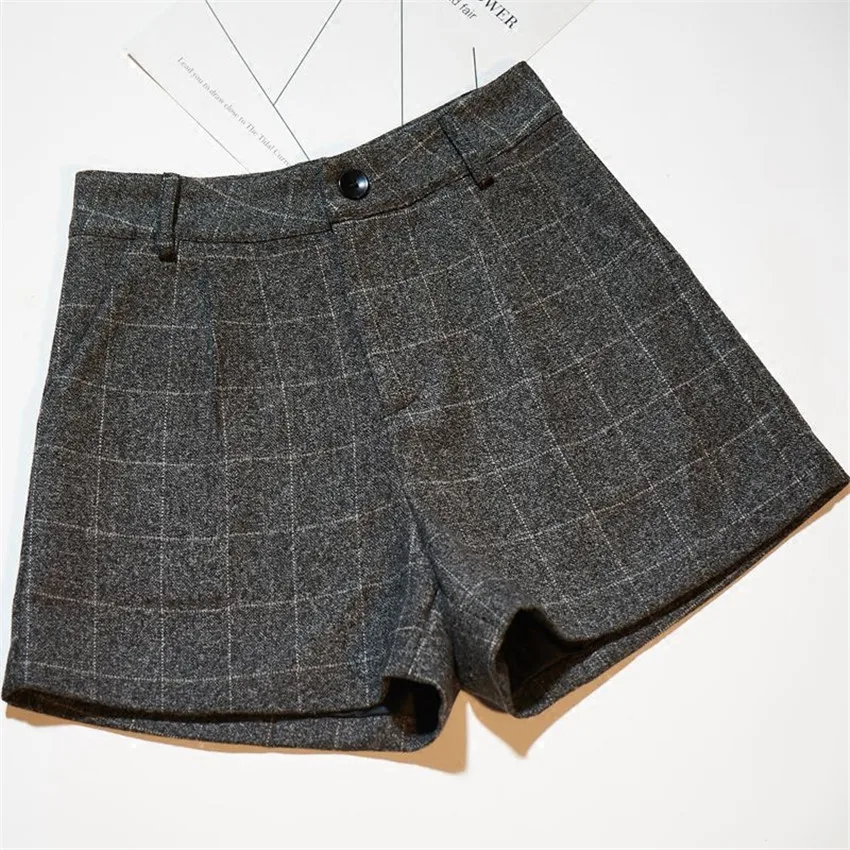 

Gowyimmes Autumn Women High Waist Woollen Shorts big size Girl Plaid Shorts Wide Leg Winter Lady Bottomings streatwear Hot PD125