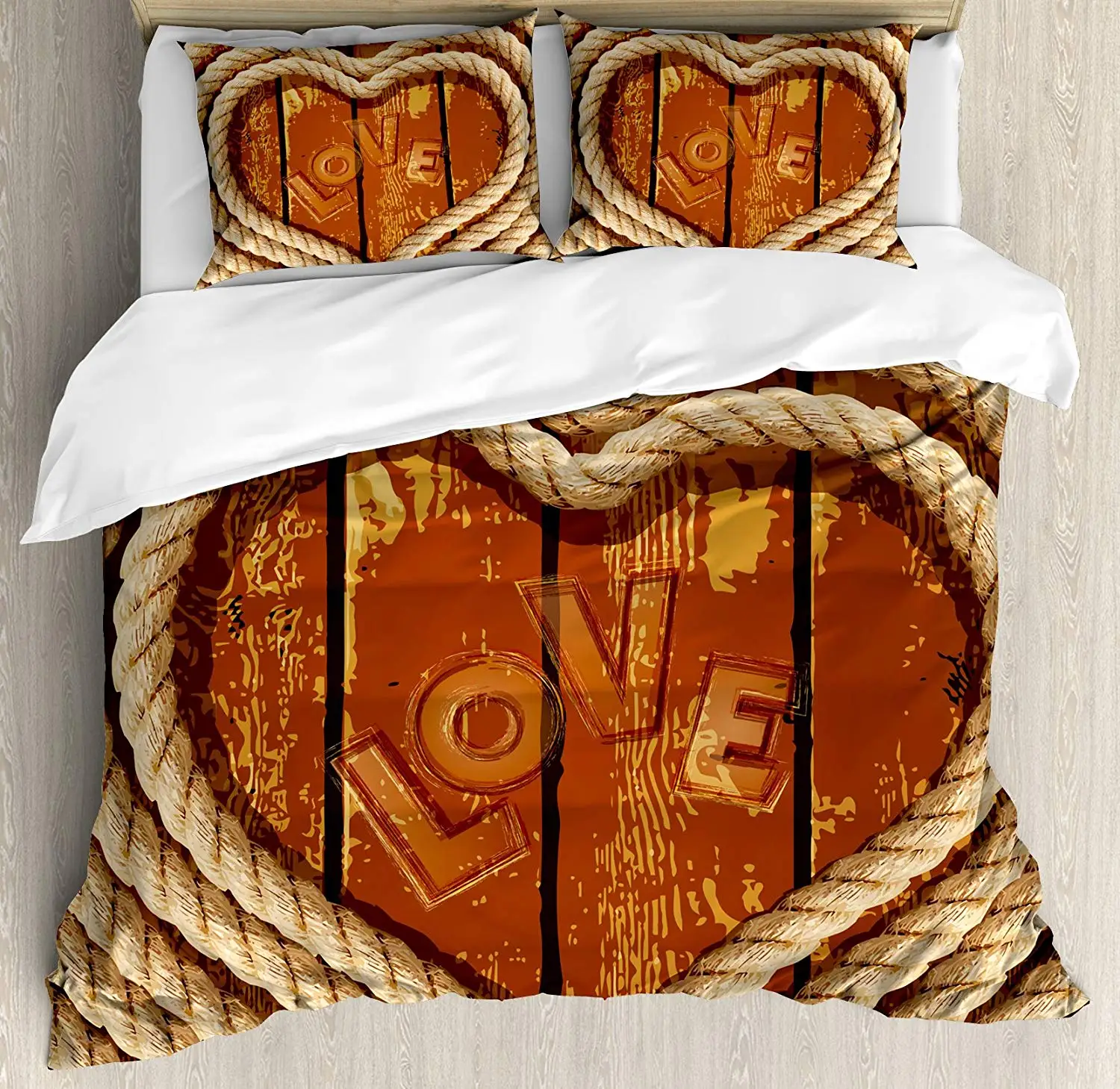 

Western Duvet Cover Set Heart Figure Coiled Rope on Wooden Planks Love Inscription Romance Theme Bedding Set Cream