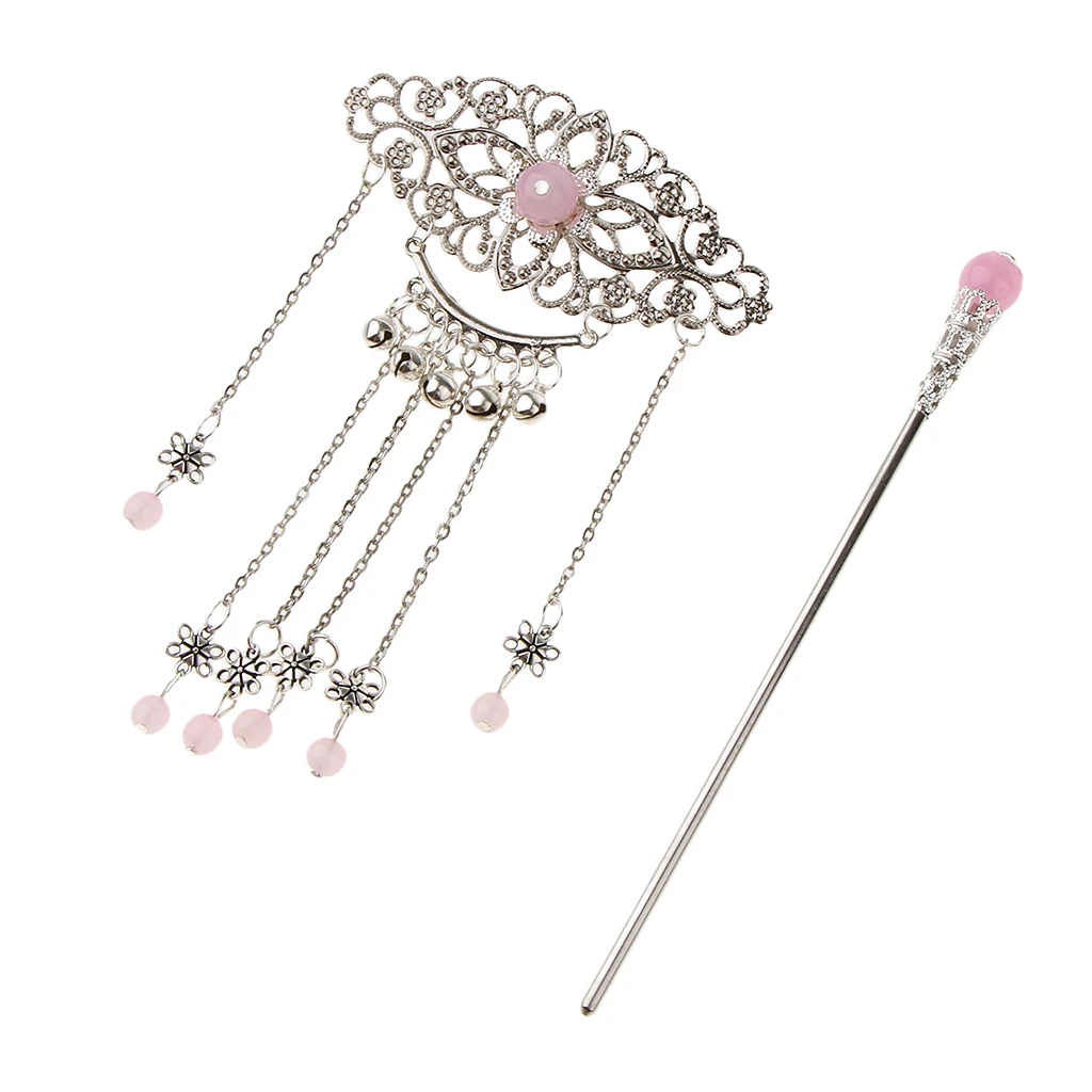 Womens Retro Traditional Chinese Wedding Floral Tassels Bells Hair Stick Chignon Chopsticks Headwear Jewelry