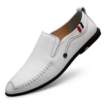 

Mens Genuine Leather Shoes Casual Luxury Slip on Men Loafers Walking Flat Footwear White Male Moccasins Boat Shoes