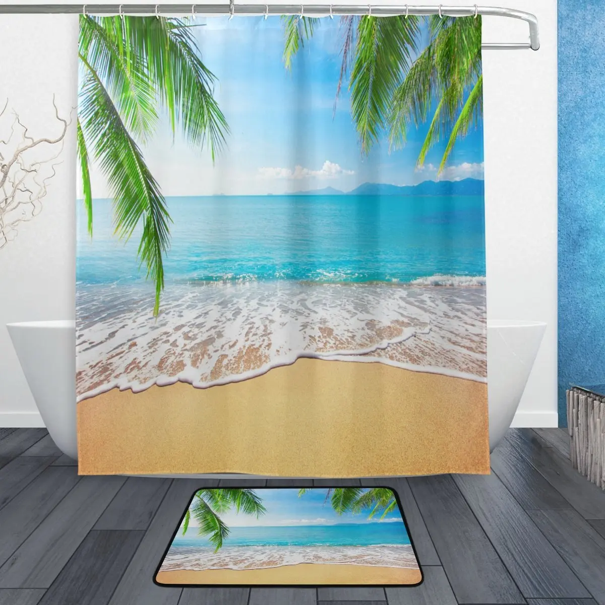 Beach Ocean Sea Shower Curtain and Mat Set, Tropical Palm Tree Sea