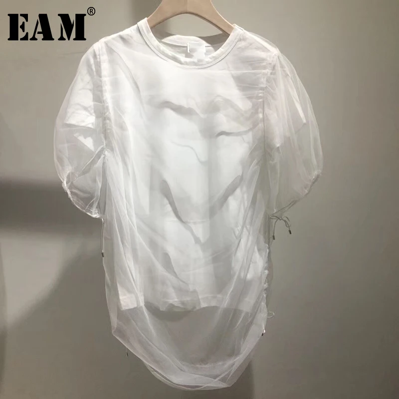 

[EAM] 2019 New Spring Summer Round Neck Short Sleeve White Mesh Split Joint Drawsting Temperament T-shirt Women Fashion JU393