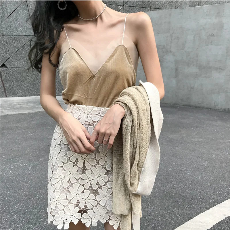 

Fashion Velour Tops Women Tank Tops Streetwear Mesh Sexy Sleeveless Tank Top Plus Size XXL Ladies Camisole Bottom Shirt