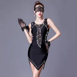 2017 стильная женская обувь латинская платье для танцев цельнокроеное платье для модели женский, Черный Кристалл Упругие Salsa шоу на сцене