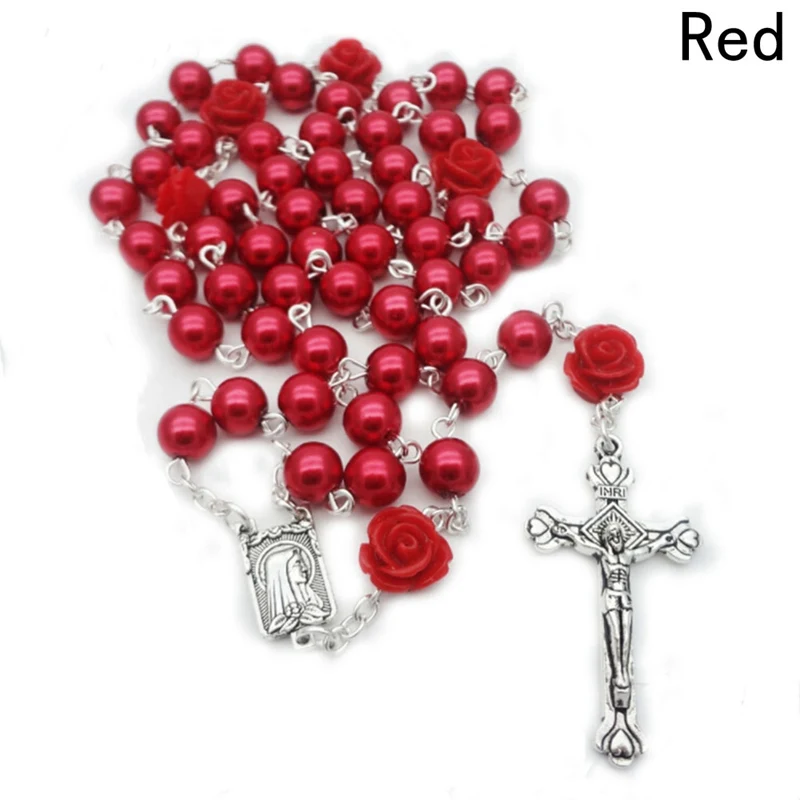 

Vintage Religious White Simulated Pearl Beads Red Rose Catholic Rosary Necklace Women Long Strand Necklaces Jesus Jewelry Gift