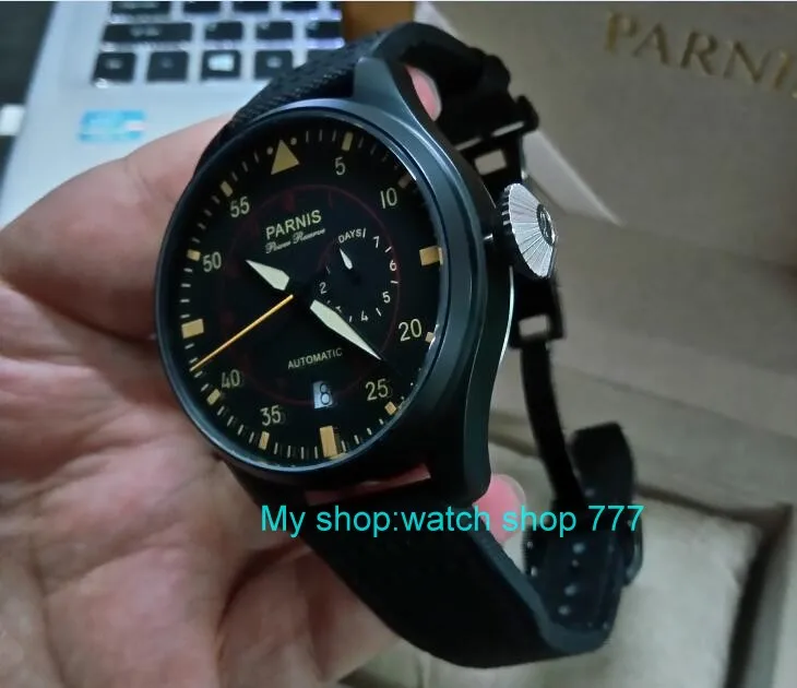 

47mm PARNIS Automatic Self-Wind Mechanical movement men's watch Black dial PVD case power reserve Mechanical watches zd365a