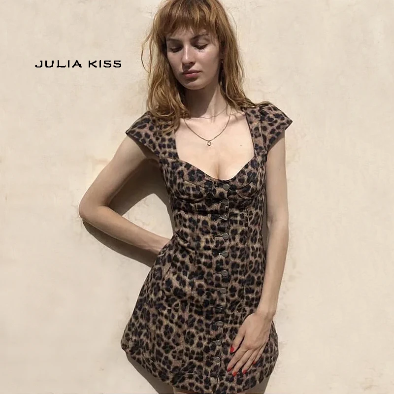 

Women Sexy Leopard Print Mini Dress Tea Dress In Leopard Print