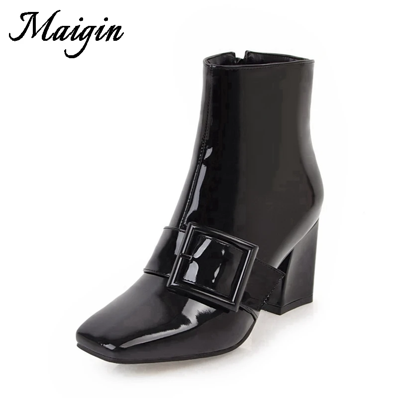 Maigin Big Size 34-43 Ankle Boots Women Square Toe High Heels Winter Botas 2018 Black Leather Footwear Buckle Female Shoes