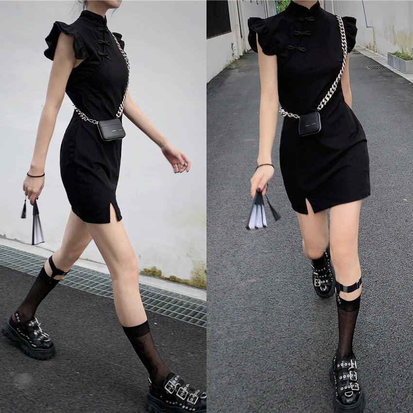 

Girls Chinese Style Fashion Cheongsam Dress Retro Qipao Sexy Women Split Butterfly Sleeve Mini Sexy Dress Vintage Outfits