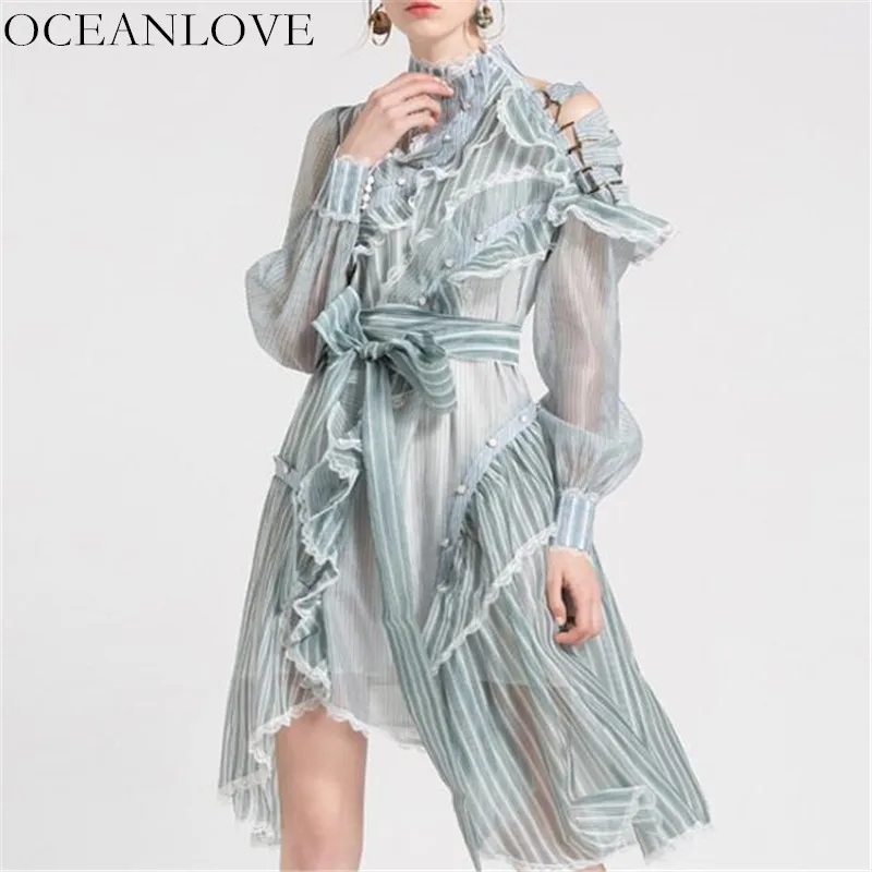 

OCEANLOVE Half Turtleneck Patchwork Striped Women Dress Long Sleeve Ruffles Lace Up Vestido Asymmetrical Autumn Dress 10079
