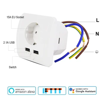 Tomada de parede WiFi compatível com Alexa, 2 portas de carregamento USB, 15A Smart Plug, IFTTT 2 Smart Remote App Control