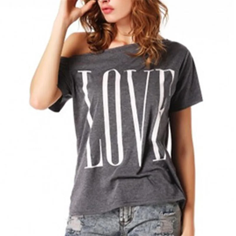 

Women Tshirts Off Shoulder Loose LOVE Printed Plus Size T-shirt With Round Collar Harajuku S-2XL Casual Sexy Top for Women 2019