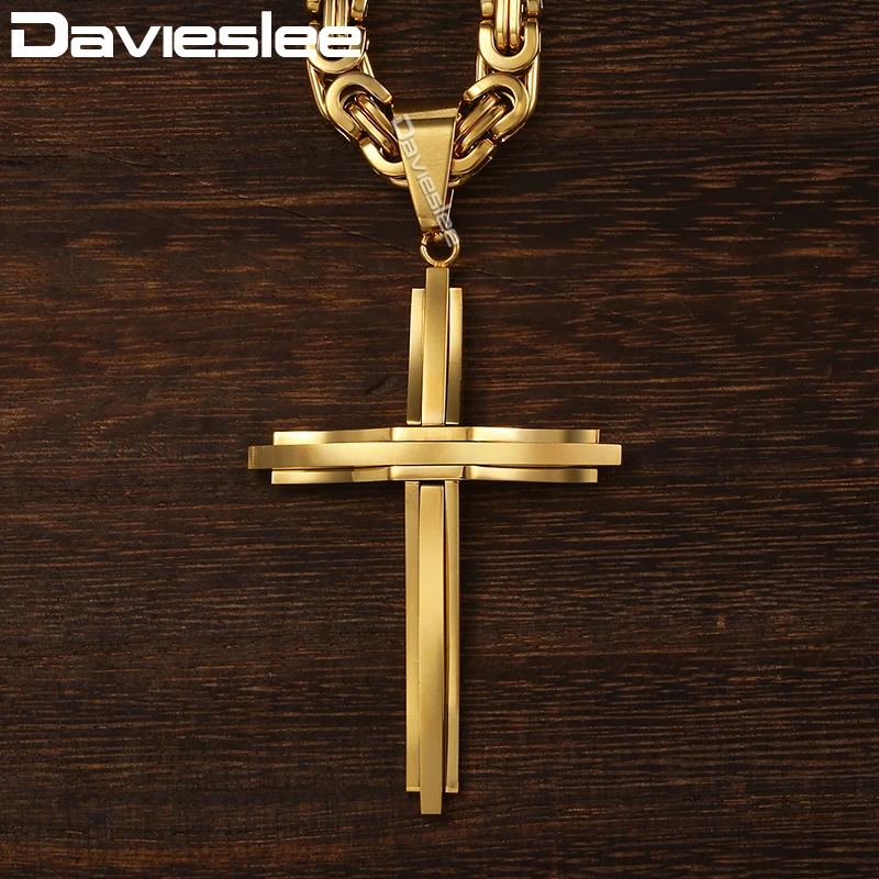 

Davieslee Cross Pendant Necklaces for Men Stainless Steel Gold Silver Black Byzantine Link Mens Cross Necklace Chain DLKPM83