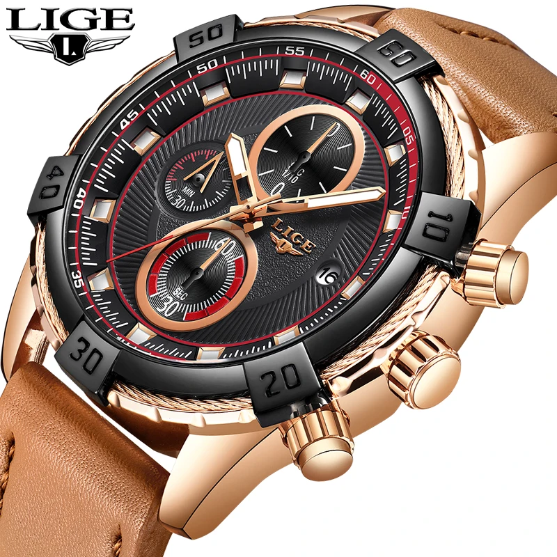 

Men Watches LIGE Fashion Business Chronograph Top Brand Luxury Quartz Watch Men Casual Leather Waterproof Watch Reloj Hombre+Box