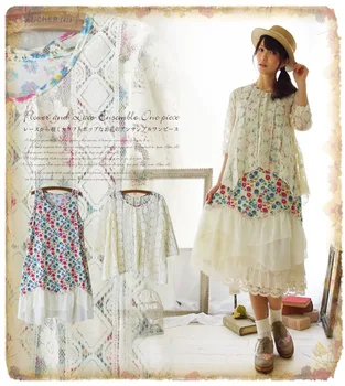 

floral 2 piece sets crochet lace ruffle ethnic embroidery casual tunique femme lolita mori girl patchwork harajuku vintage dress