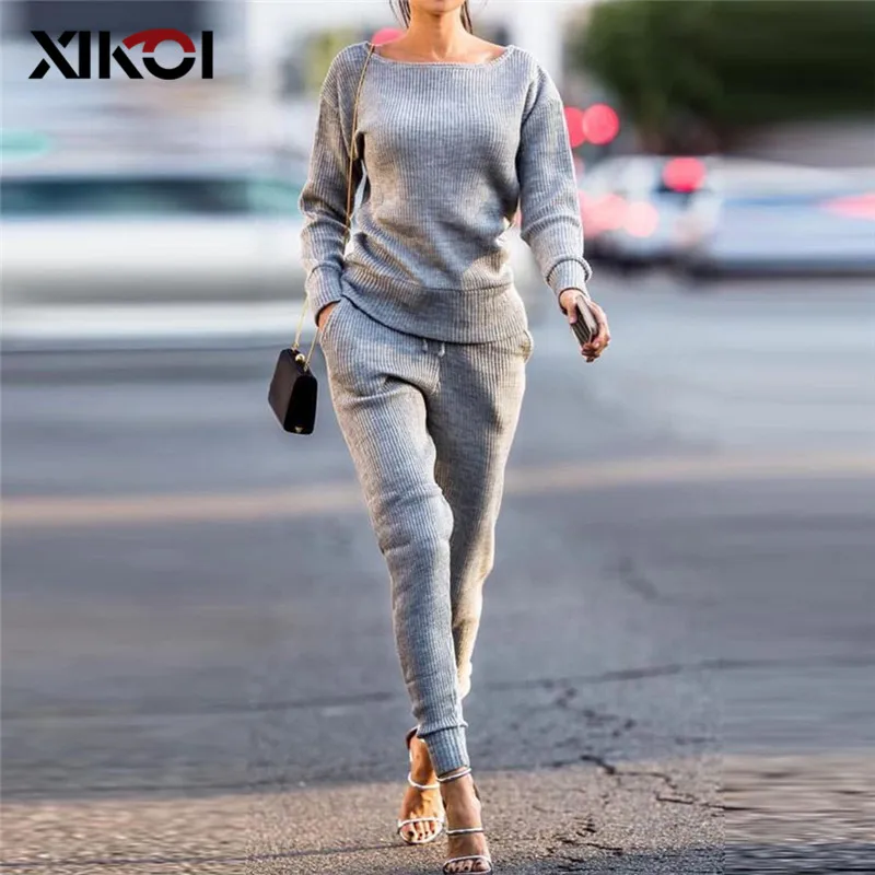 XIKOI Для женщин комплект для досуга с длинными рукавами Свободные свитеры топы и брюки костюмы Для женщин вязаный свитер; брюки комплект спортивной одежды из 2х шт./компл