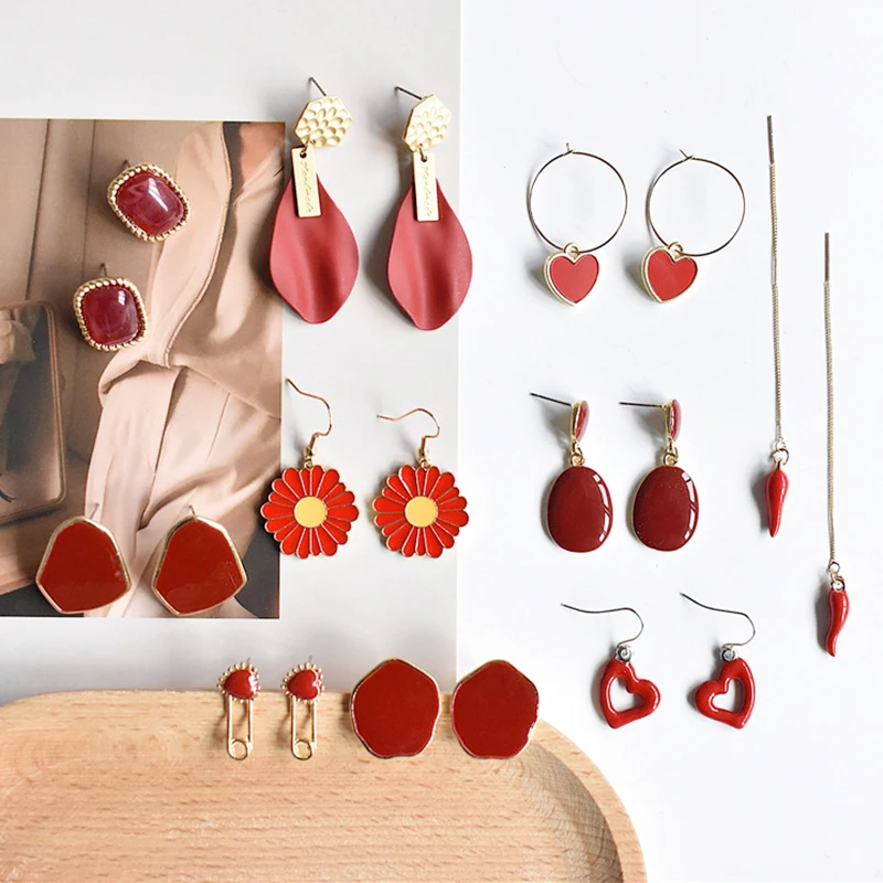 

2019 New Flower Leaf Crystal Drop Earrings For Women Girl Red Color Heart Earrings Female Brincos Fashion Jewelry Gift