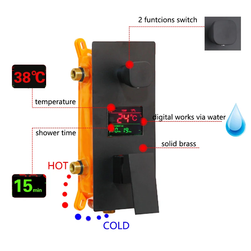 Online KEMAIDI Bad Dusche Wasserhahn 3 Funktionen Schwarz Digital Dusche Armaturen Set Regen Dusche Kopf 2 weg Digital Display mischbatterie
