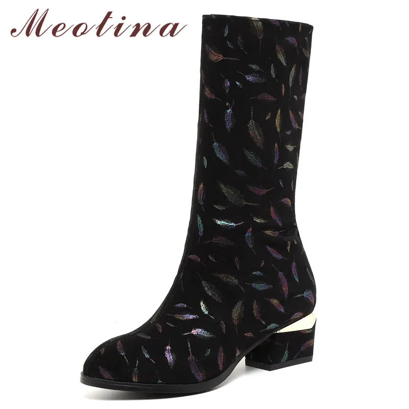 

Meotina Autumn Mid Calf Boots Women Slim Stretch Thick Heels Elastic Boots Mixed Colors Pointed Toe Shoes Lady Winter Size 34-39