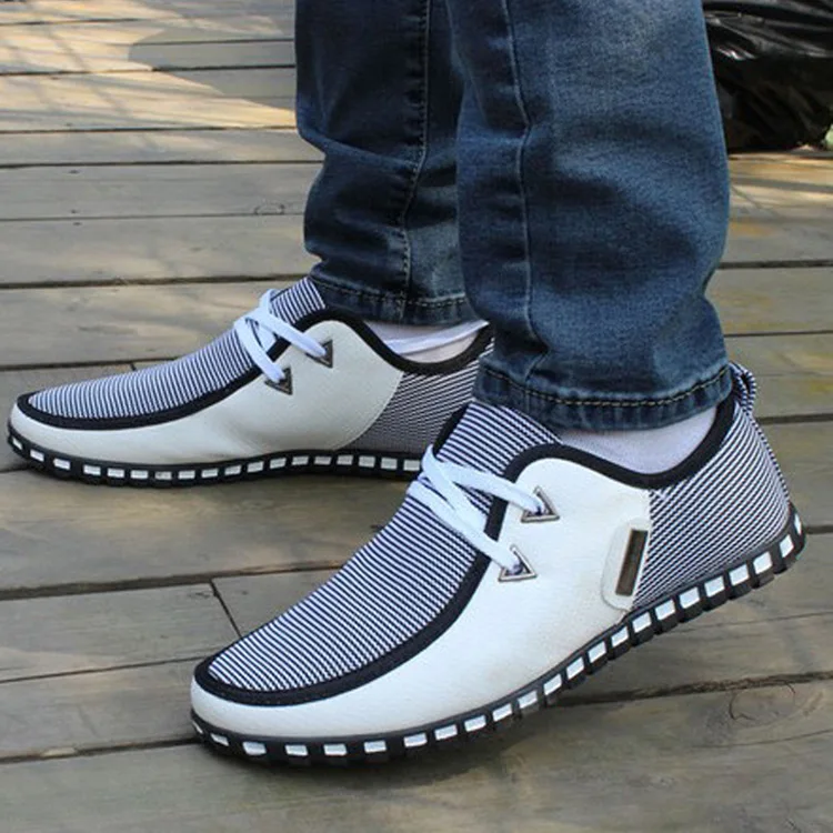 

2019 Summer Autumn Striped Men Casual Shoes Size 39-47 Lightweight Men's Doug Shoes PU Leather Lace Up Male Flats 176