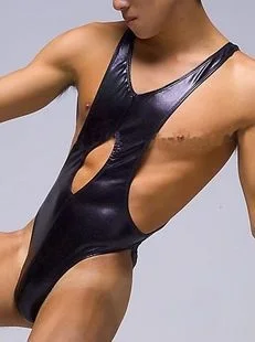 Male Sexy Fetish Mens Wet Look Leather Like Body Suit Teddy Wrestling Tank Lngerie with Open Chest Night Club Costume