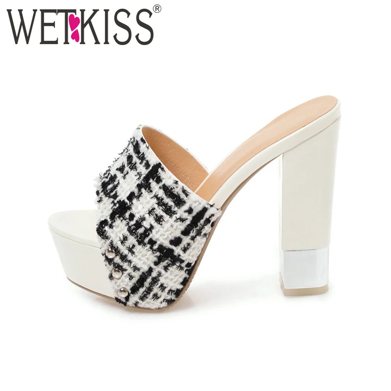 

WETKISS Plus Size 43 Fashion Women Slippers Summer High Heel Mules Open toe Cloth Slides Ladies Platform Mule Footwear