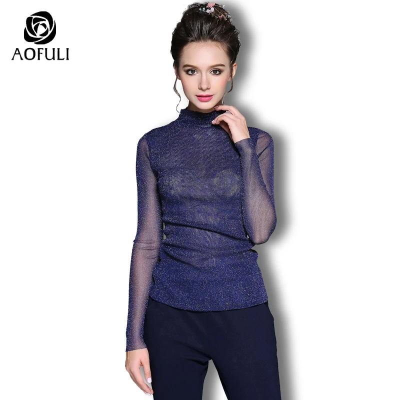 Блузка AOFULI M XXL осенняя/зимняя с высоким воротом длинным рукавом и B6180|turtleneck blouse|big