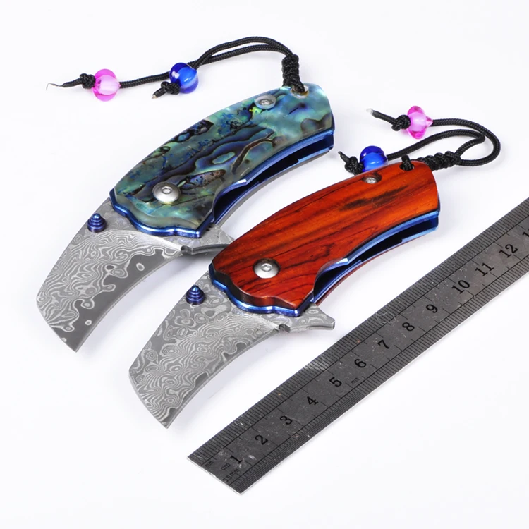 

Small Damascus Blade Parrot Shell Handle Pocket Folding Knife Utility Portable Knife Outdoor Camping Mini Pocket Collection Gift