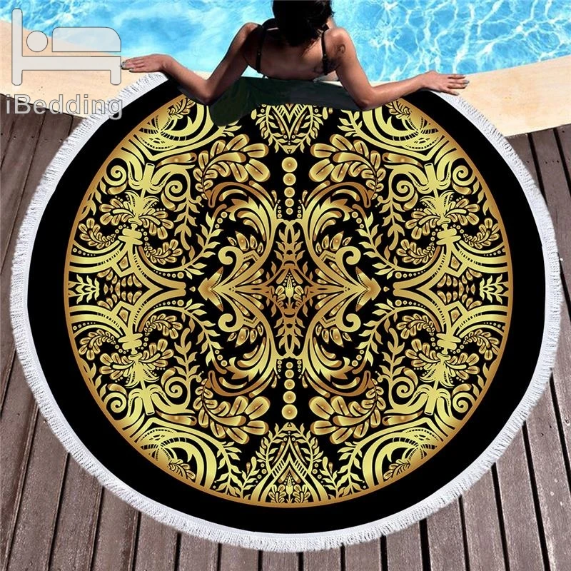 Microfiber Black Beach Towel Round 150cm Printed Gold Tapestry Blue Soft Bath For Adult Picnic Yoga Mat Home Decor Blanket | Дом и сад